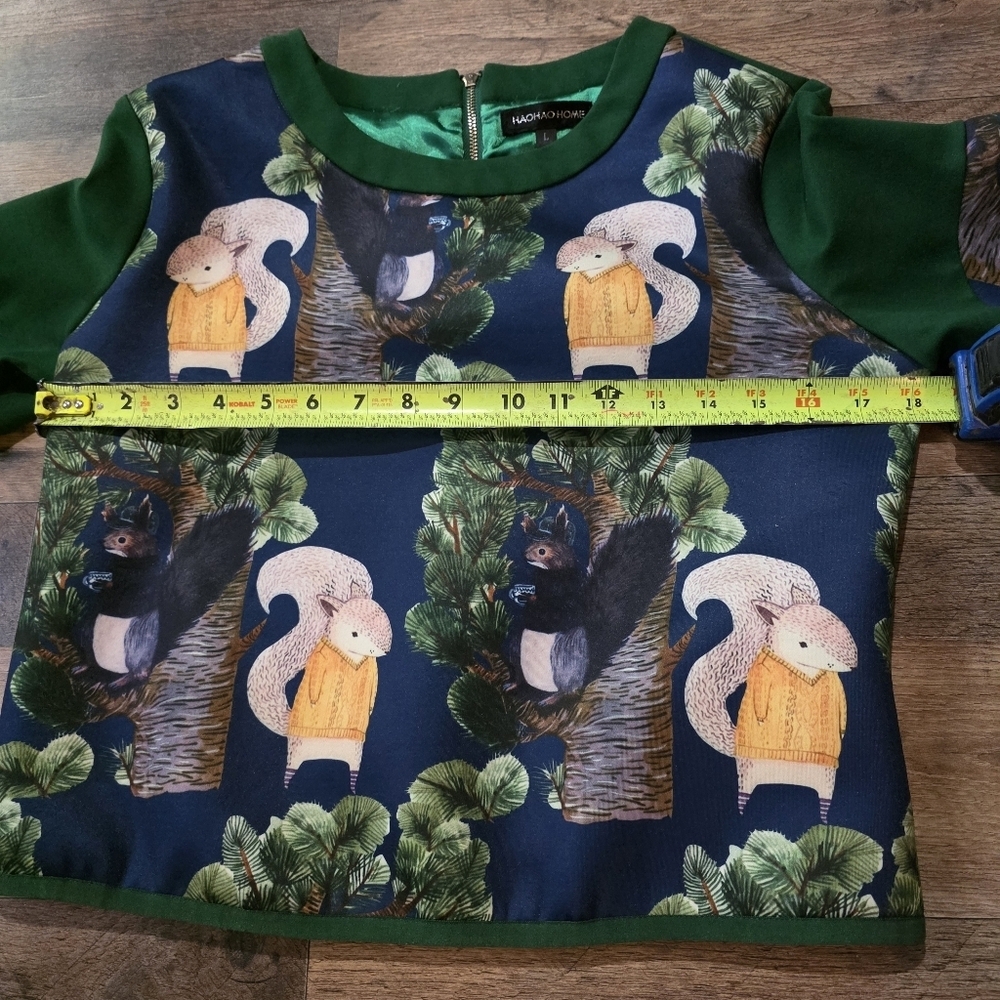 Hao Hao Home Womens Squirrel Quirky Green Forest Long Sleeve Zip Back Blouse L - Picture 5 of 6